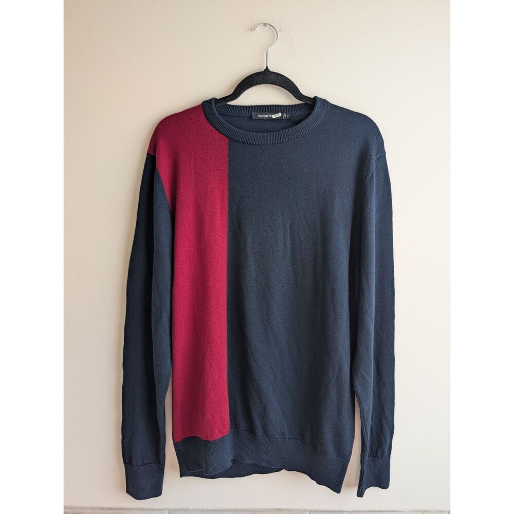 Bugatchi men's XL merino wool blend navy maroon colorblock crewneck sweater